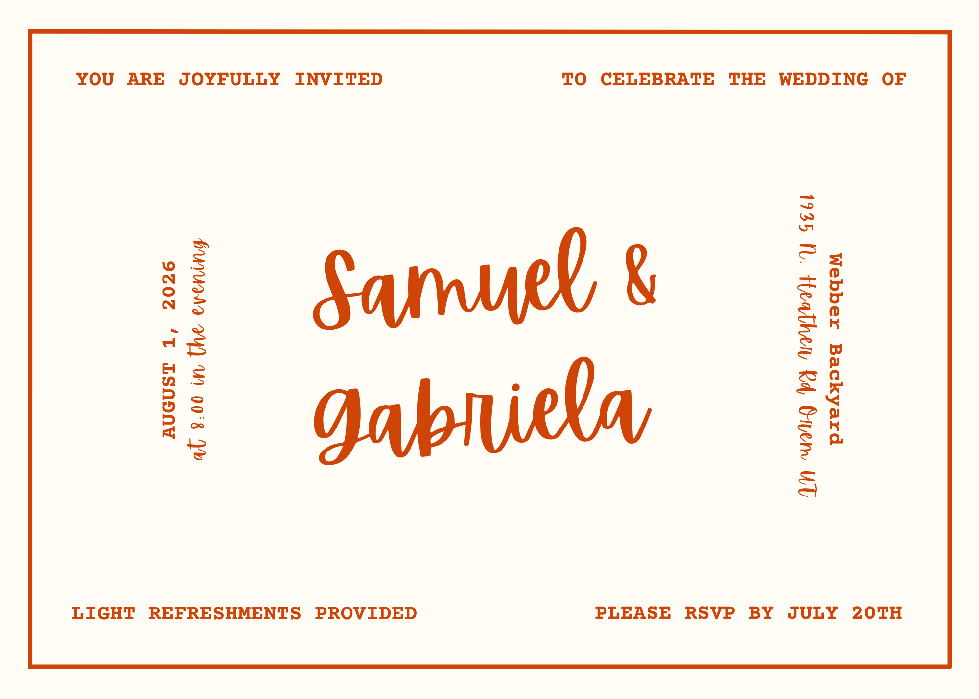 Main wedding invitation for Samuel and Gabriela